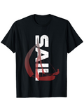 Men's T-Shirt Bold White Vertical Text With Red Graphic Sailboat