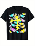 Men's T-Shirt Colorful Hearts And Feathers With Radiant Yellow Cross