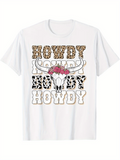 Men's T-Shirt Howdy With Leopard Print Skull And Floral Accents On White Shirt