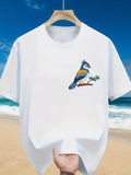 Men's T-Shirt Colorful Songbird With Branch Perched On Crisp White Shirt