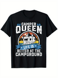 Men's T-Shirt Camper Queen Vintage Camper Sunset With Playful Rabbits Among Decorative Text