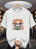 Men's T-Shirt Cute Cartoon Cat With Glasses Studying Books Surrounded By Sparkling Stars Cat