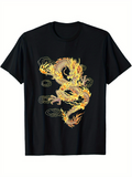 Men's T-Shirt Fiery Flames Dancing Among Golden Scales On Chinese Dragon