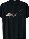 Men's T-Shirt Colorful Insect Holding A Fishing Rod Amid Flowing Gentle Breeze