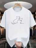 Men's T-Shirt Minimalist Line Art With Two Sitting Cats Together Cat