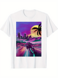 Men's T-Shirt Neon City Highway At Sunset With Motorcycle Under Palm Tree