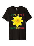 Men's T-Shirt Happy New Year Bright Yellow Flower With Green Red Letters Underneath