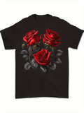 Men's T-Shirt Vivid Realistic Red Flowers Blooming With Dewy Petals And Lush Green Leaves Rose