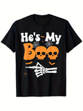 Men's T-Shirt Hes My Boo Halloween Skeleton Pointing With Orange Bats Skull