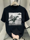 Men's T-Shirt Ancient Egyptian Pyramids Under Flying Saucer Among Roaming Dinosaurs