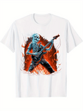Men's T-Shirt Fiery Stage With Blue Skeleton Rock Star Guitarist Surrounded By Flames