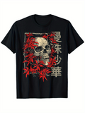 Men's T-Shirt Vivid Red Leaves Among Weathered Grunge Textured Skull