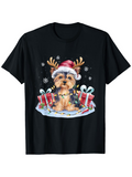 Men's T-Shirt Festive Gifts And Snowflakes With Yorkshire Terrier In Santa Hat