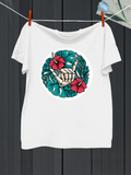 Men's T-Shirt Tropical Leaves With Red Hibiscus Flowers Framing A Skeleton Hand