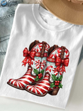 Men's T-Shirt Red Candy Stripe Ribbons And Holly Christmas Cowboy Boots