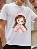Men's T-Shirt Charming Illustration Of Smiling Girl In Pink Outfit With Beret