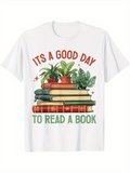 Men's T-Shirt Its A Good Day With Green Plants On Stacked Vintage Books