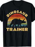 Men's T-Shirt Dinosaur Trainer Retro Sunset Silhouette With Forest And Vintage Stripes Dinosaur