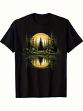 Men's T-Shirt Golden Sunset Reflections Over Tranquil Pines And Calm Lake Landscape