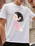 Men's T-Shirt Little Girl In Pink Dress With Puppy And Flower