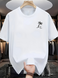 Men's T-Shirt Minimalist Black Palm Tree With Wavy Beach Sunlit White Shoreline