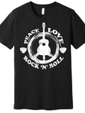 Men's T-Shirt Peace Love With Acoustic Guitar Surrounded By Grungy Circular Rock And Roll
