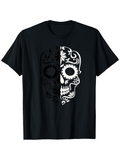Men's T-Shirt Ornamental Floral Pattern Split Half Day Of The Dead Skull