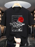 Men's T-Shirt Flying Cranes Over Rolling Mountain Under A Vibrant Red Sun