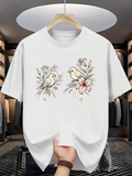 Men's T-Shirt Delicate Branches With Flowers And Birds Perched Gracefully On White T Shirt
