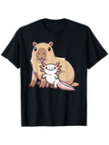 Men's T-Shirt Cute Cartoon Capybara Sitting Happily With Smiling Pink Axolotl