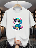 Men's T-Shirt Adorable Cat Wearing Hoodie On Colorful Skateboard