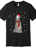 Men's T-Shirt Grey Dog Wrapped With Christmas Lights And Santa Hat In Falling Snow