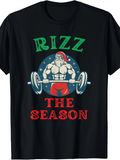 Men's T-Shirt Rizz The Season Strong Santa Lifting Barbells Under Starry Night