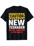 Men's T-Shirt Caution Banner With Bold Lettering Across Black Cotton Shirt