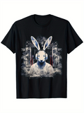 Men's T-Shirt Surreal Cityscape With Headphones Wearing Rabbit In A Painted Abstract Urban Setting Rabbit