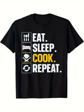 Men's T-Shirt Eat Sleep Cook Repeat Graphic With Cooking Utensils Icon On Black Shirt