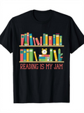 Men's T-Shirt Reading Is My Jam Colorful Bookshelf With Stacked Volumes And Alarm Clock Books