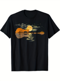 Men's T-Shirt Golden Sunset Lake Reflections With Trees Clouds And Full Moon Guitar