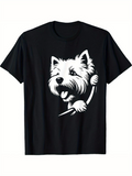 Men's T-Shirt Playful Smiling Puppy With Fluffy White Fur Black Shirt