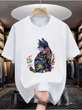Men's T-Shirt Vivid Floral Patterns Blooming On Peaceful Sitting Cat