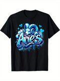 Men's T-Shirt Aries Blue Graffiti Letters Shining Hearts And Bold Ram Graphic
