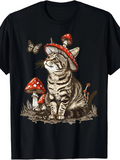 Men's T-Shirt Striped Cat Sitting Among Mushrooms With Butterfly On Hat
