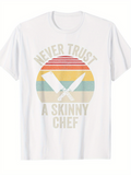Men's T-Shirt Never Trust A Skinny Chef Retro Stripes Sunset With Crossed Chef Knives And Kitchen Tools