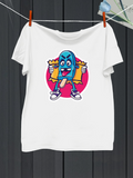 Men's T-Shirt Cartoon Blue Popsicle Dancing With Chips And Neon Pink Background