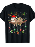 Men's T-Shirt Festive Lights Snowfall With Antler Hat Sloth And Hanging Ornaments Sloth