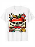Men's T-Shirt Attendance Matters With Colorful School Supplies Surrounding A Shiny Red Apple