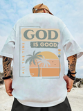 Men's T-Shirt God Is Good Tropical Sunset With Palm Trees And Orange Horizon