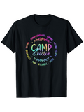 Men's T-Shirt Camp Director Colorful Fun Words Encircled With Branches On Black Shirt