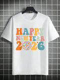 Men's T-Shirt Happy New Year 2026 Colorful Letters With Confetti Accents Celebration T Shirt