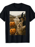 Men's T-Shirt Autumn Fields With Cat Taking Selfie Beside Pumpkins And Witch